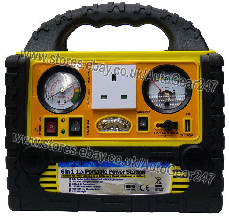 12v Car Battery Jump Starter Compressor 6 in 1 Inverter USB Camping